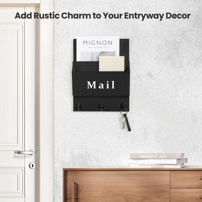 Lucundm Mail and Key Holder - Decorative 9.8" x 12.5" Wall Key Hanger with 2 Mail Organizer Slots and 3 Hooks - Real Paulownia Wood with Keyhole Brackets, Hardware and Instructions (Black) - Image 5